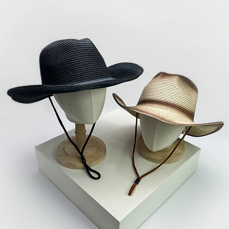 New Unisex Jazz Gradient Beach Cowboy Hats Windproof Rope Outdoor Climb Sunshade Travel Foldable Straw Caps Versatile Bandhnu