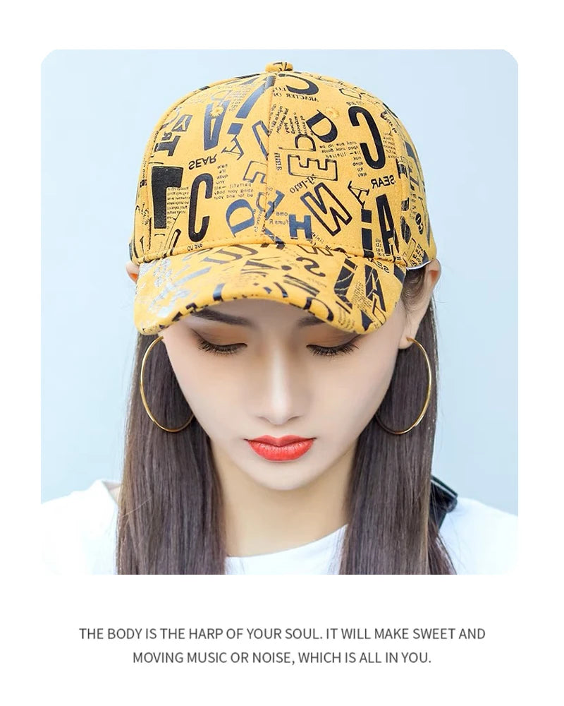 New Kpop Men Women Baseball Hats Graffiti Letter Vegan Leather Cotton Breathable Street Fashion Solar Sport HipHop Caps Sunshade