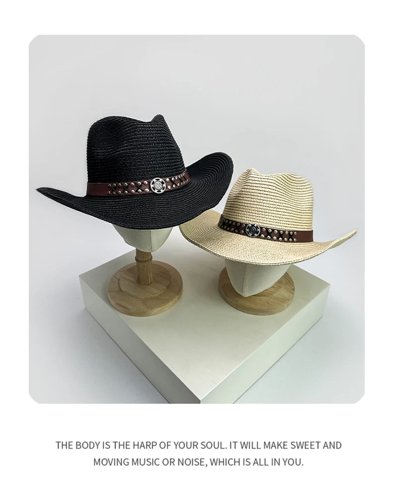 New Unisex Rivet Belt Personal Cowboy Hats Beach Outdoor Travel Sunshade Foldable Straw Caps Versatile British Retro Climb ins