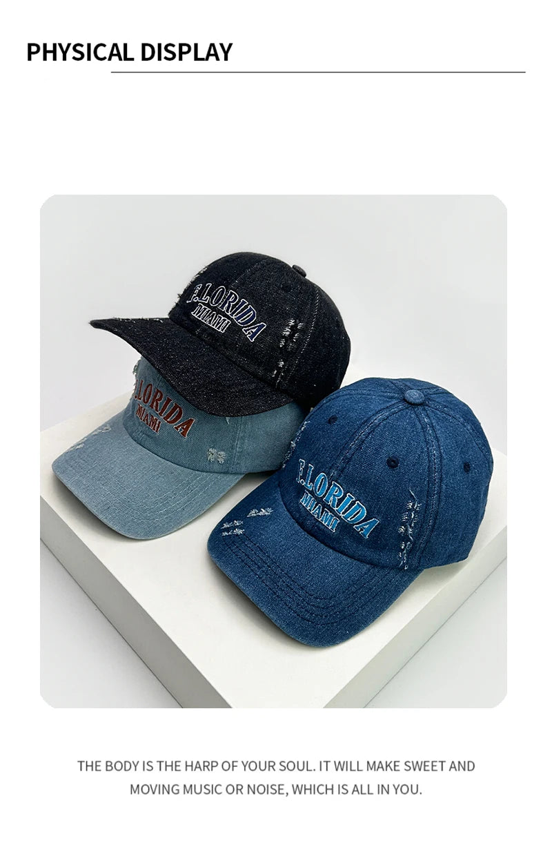 New Men Woman Broken Style Letter Embroidery Baseball Hats Casual Sunshade Breathable Denim Snapback Cap Versatile Fashion Retro