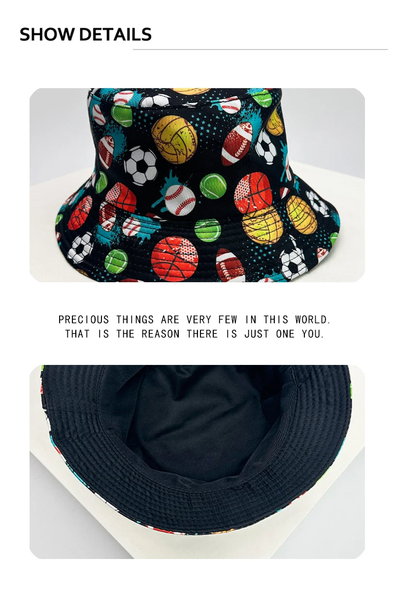 New Unisex Graffiti Ball Bucket Hats Sunshade Retro Double Sided Wearable Fashion Outdoor Fisherman Caps Versatile Street Print