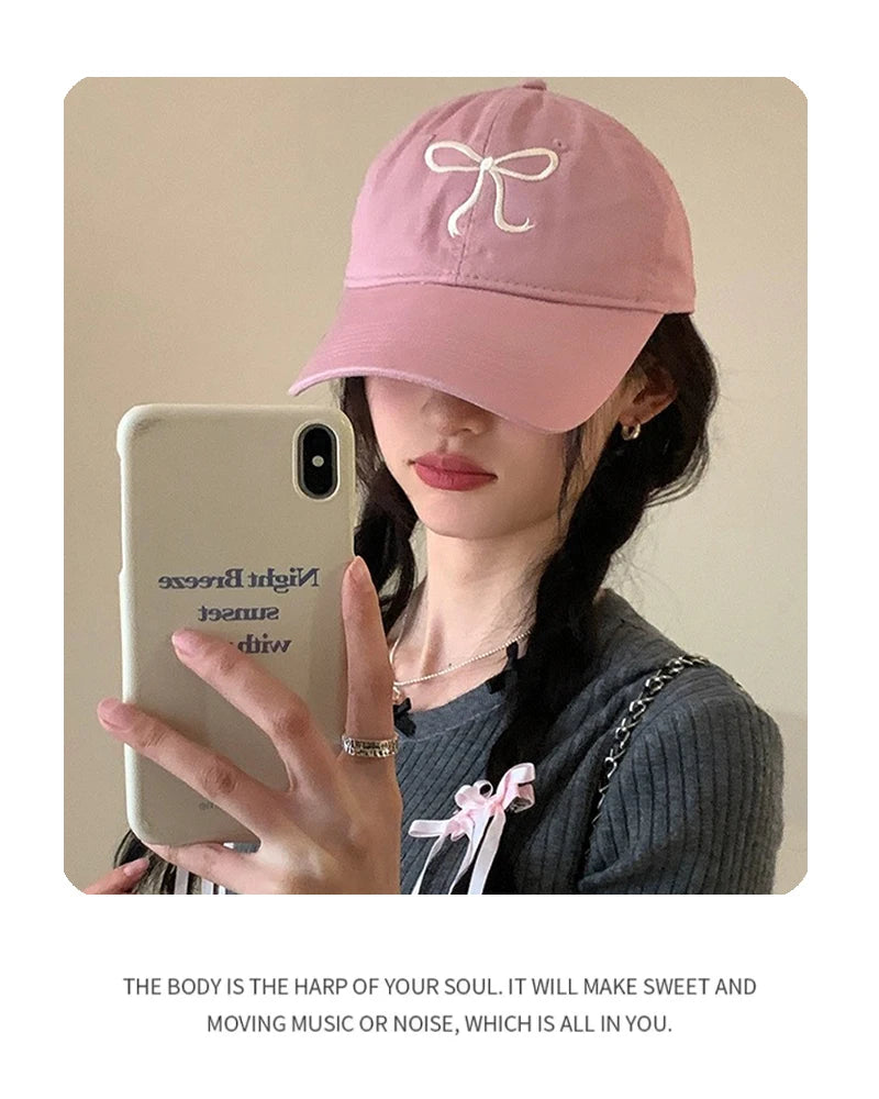 New Men Women Niche Korean Bow Embroidery Baseball Hats Sunshade ins Breathable Sweet Snapback Caps Versatile Fashion Retro