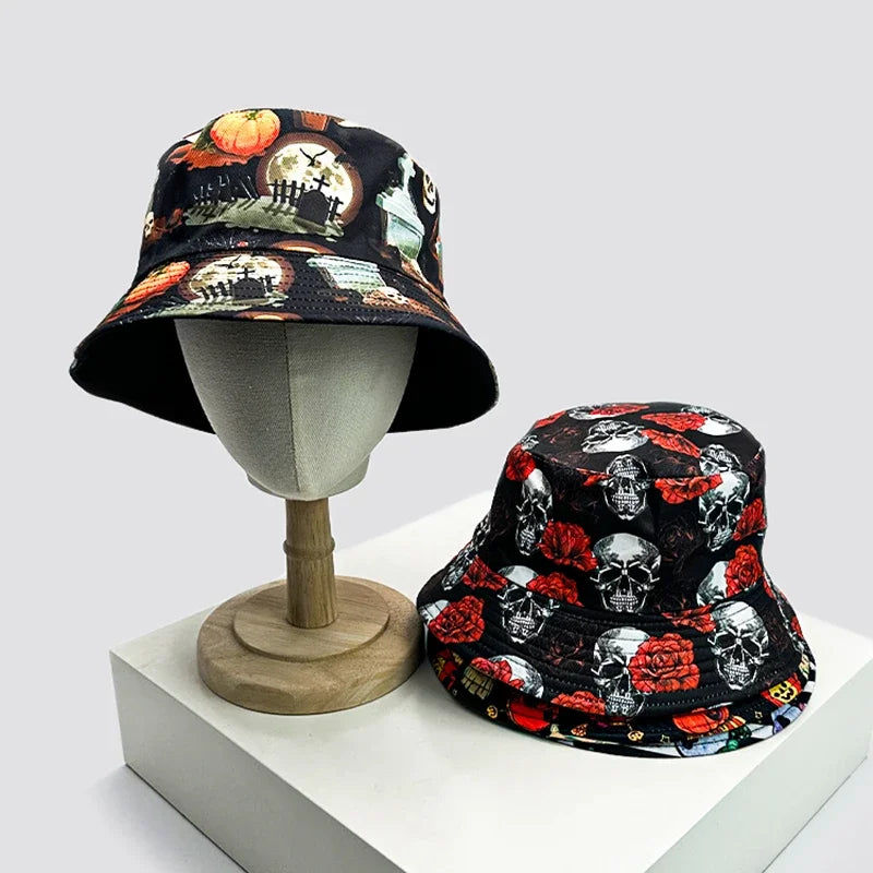 New Unisex Print Halloween Elements Skull Bucket Hats funny Sunshade Fashion Double Sided Wearable Fisherman Caps Versatile ins