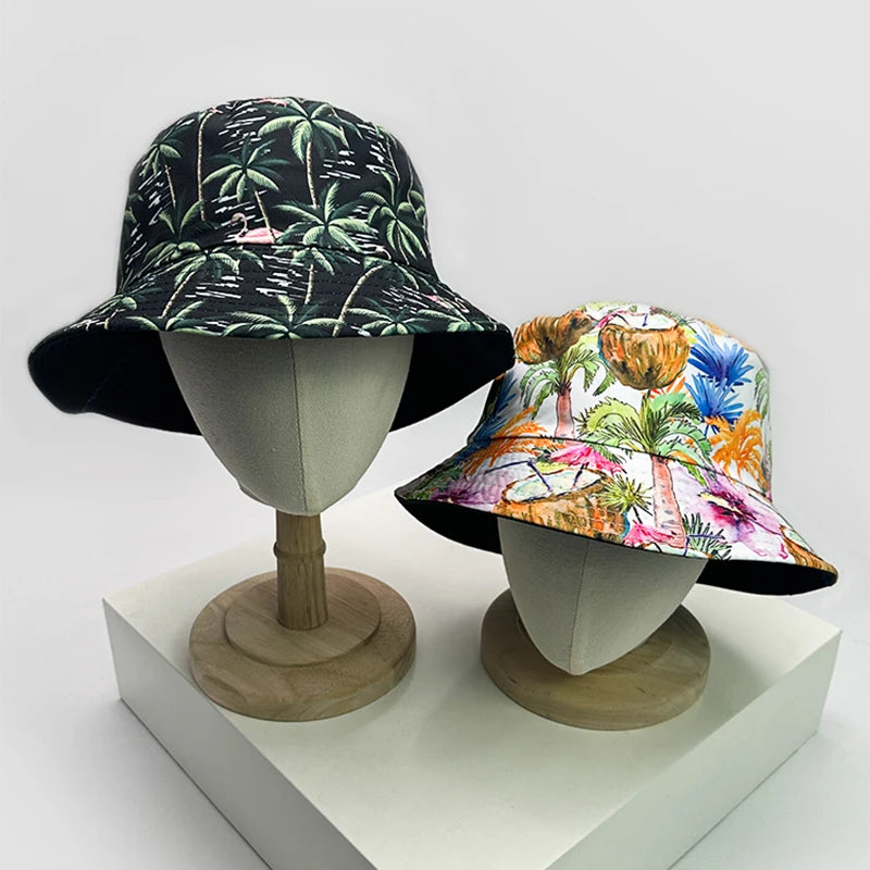 New Unisex Print Coconut Tree Flamingo Bucket Hats Sunshade Casual Versatile Travel Double Sided Wearable Fisherman Caps Fashion