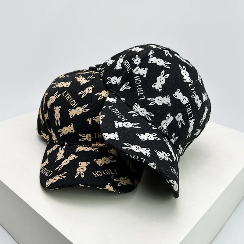 New Unisex Cute Rabbit Print Letter Baseball Hats Breathable British Retro Sunshade Outdoor Peaked Caps Versatile Fashion Casual