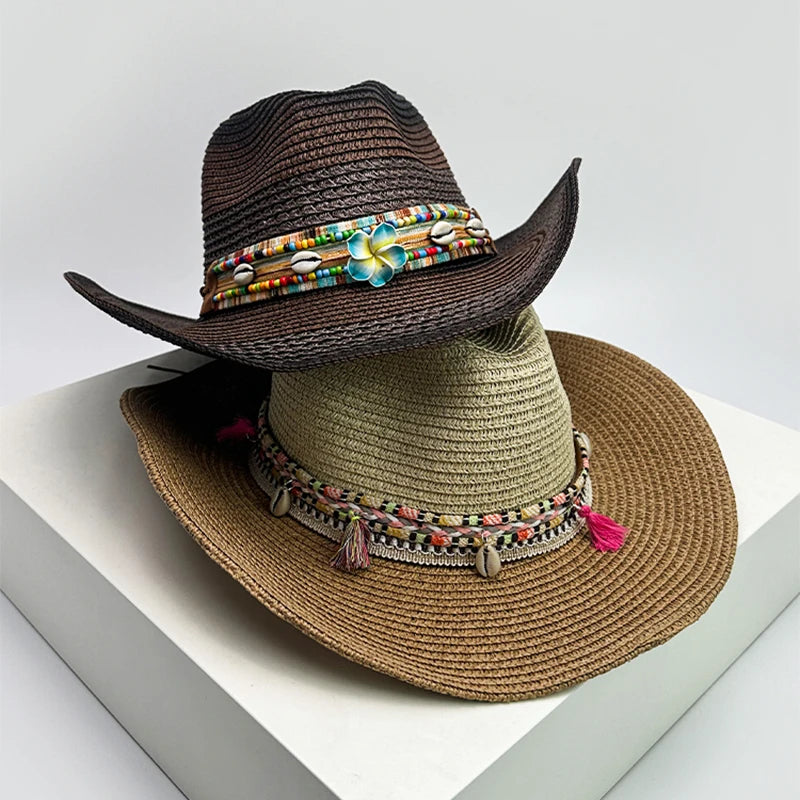 New Unisex Bohemian Style Beach Cowboy Hats Travel Personal Sunshade Distress Outdoor Ethnic Style Straw Caps Versatile Foldable