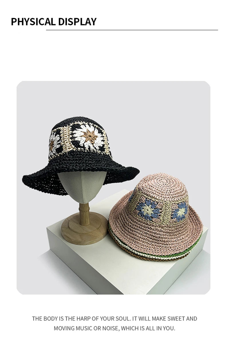 New Women Korean Flower Niche Bucket Hats Sunshade Outdoor Breathable Casual Versatile Beach Straw Caps Fashion Bohemian ins