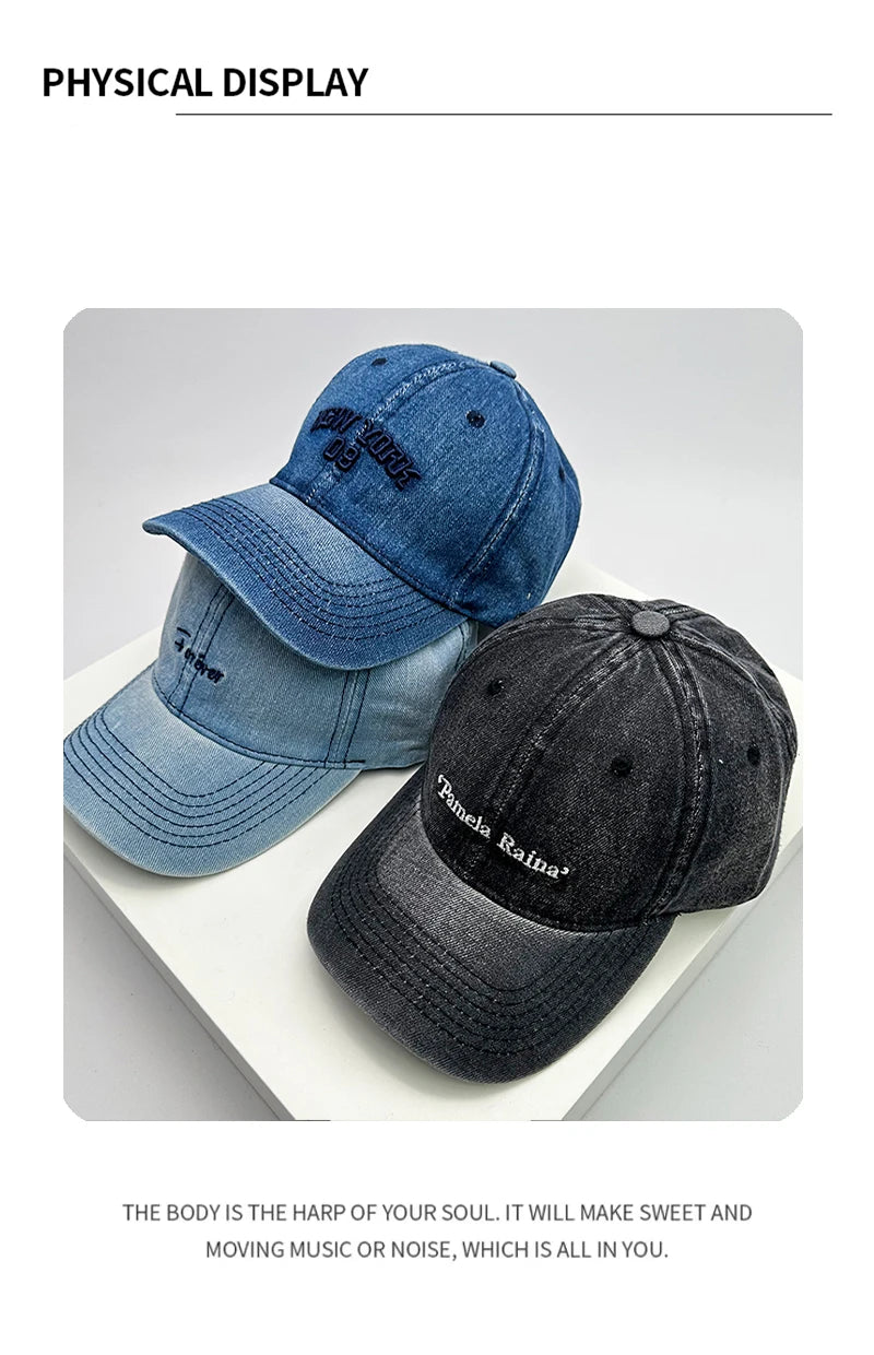 Retro Men Women Baseball Hats Cotton Embroidery Washing Versatile Snapback Caps Fashion Denim Letter Outdoor Leisure Sports