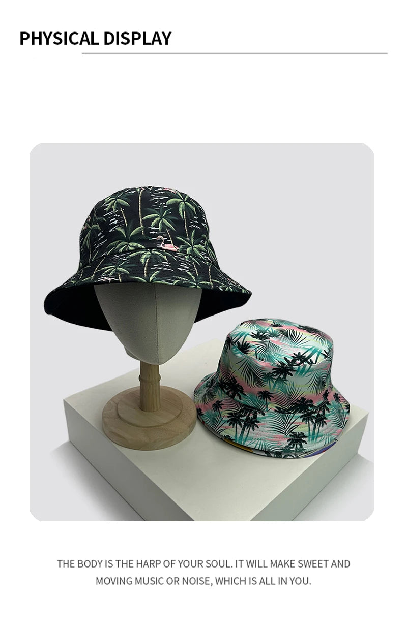 New Unisex Print Coconut Tree Flamingo Bucket Hats Sunshade Casual Versatile Travel Double Sided Wearable Fisherman Caps Fashion