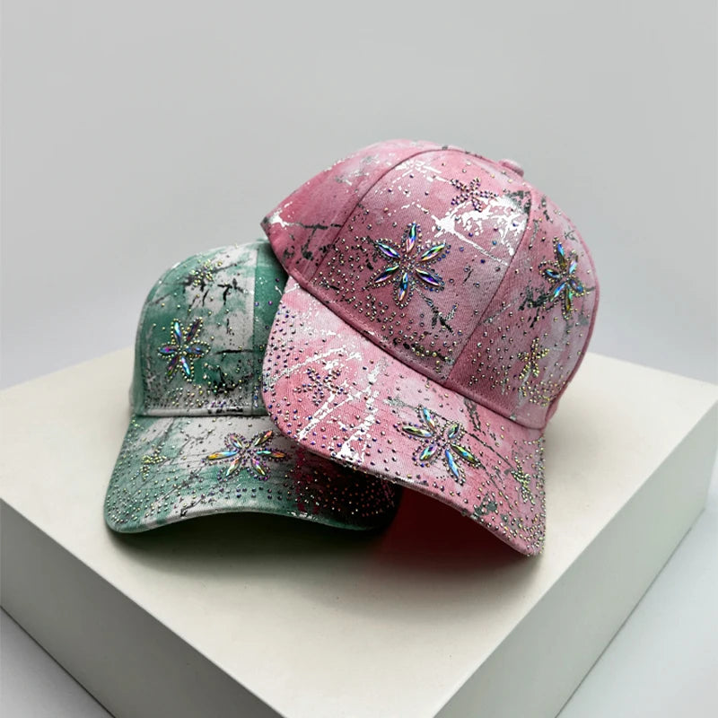 New Women Sparkling Diamond Flower Baseball Hats Bandhnu Breathable Outdoor Sunshade Peaked Caps Versatile Fashion Travel Casual