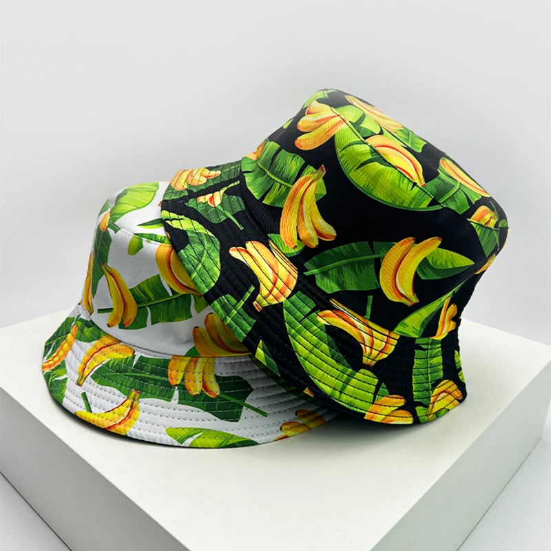 New Unisex Fruits Vegetables Print Bucket Hats Sunshade Versatile European American Fashion Double Sided Wearable Fisherman Caps