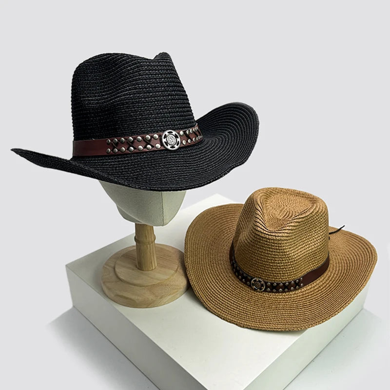 New Unisex Rivet Belt Personal Cowboy Hats Beach Outdoor Travel Sunshade Foldable Straw Caps Versatile British Retro Climb ins