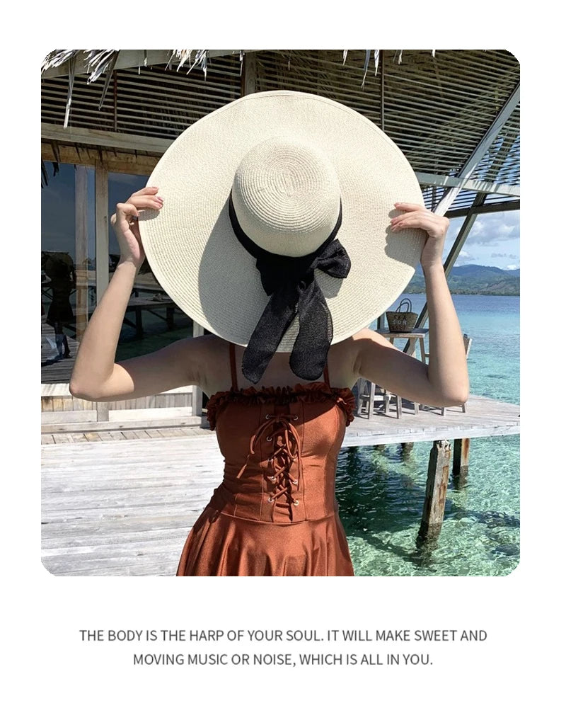 New Women Chrysanthemum Bow Cowboy Hats Beach Outdoor Jazz Sunshade Foldable Travel Straw Caps Versatile Color Block Elegant ins