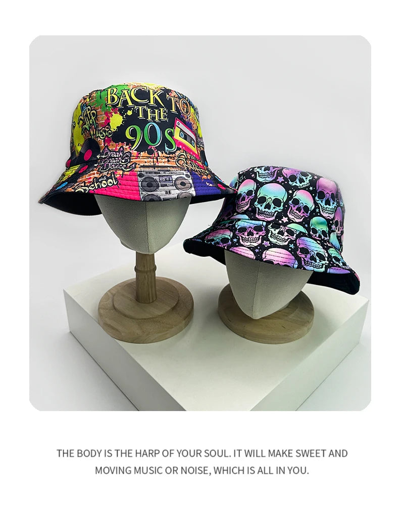 New Unisex Retro Disco Party Bucket Hats Sunshade Hip Hop Versatile Street Fashion Double Sided Wearable Casual Outdoor Travel