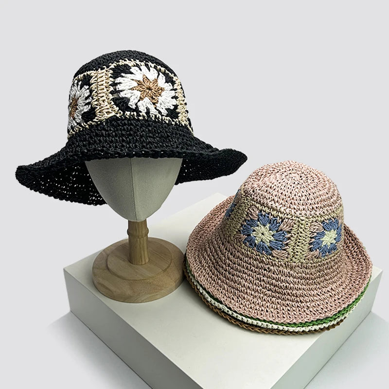 New Women Korean Flower Niche Bucket Hats Sunshade Outdoor Breathable Casual Versatile Beach Straw Caps Fashion Bohemian ins