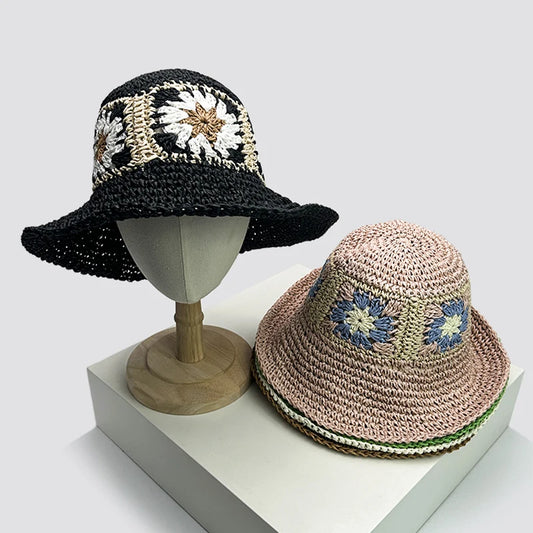 New Women Korean Flower Niche Bucket Hats Sunshade Outdoor Breathable Casual Versatile Beach Straw Caps Fashion Bohemian ins