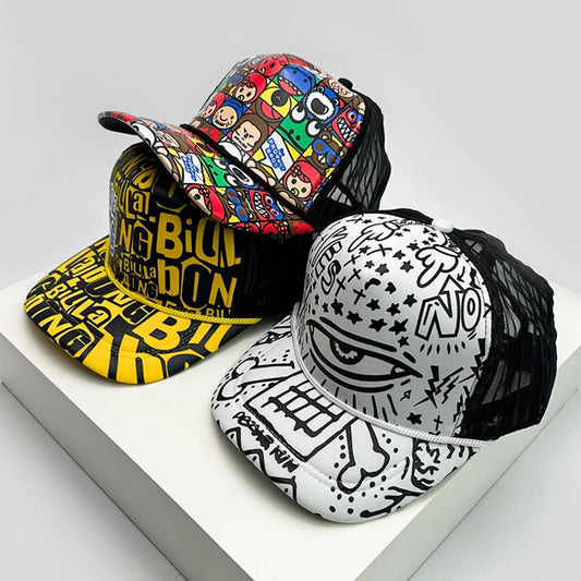 New Fashion Men Women Printed Cartoon Baseball Caps Breathable Sunshade Versatile Korean Hip Hop Half Mesh Hats ins Trend Street