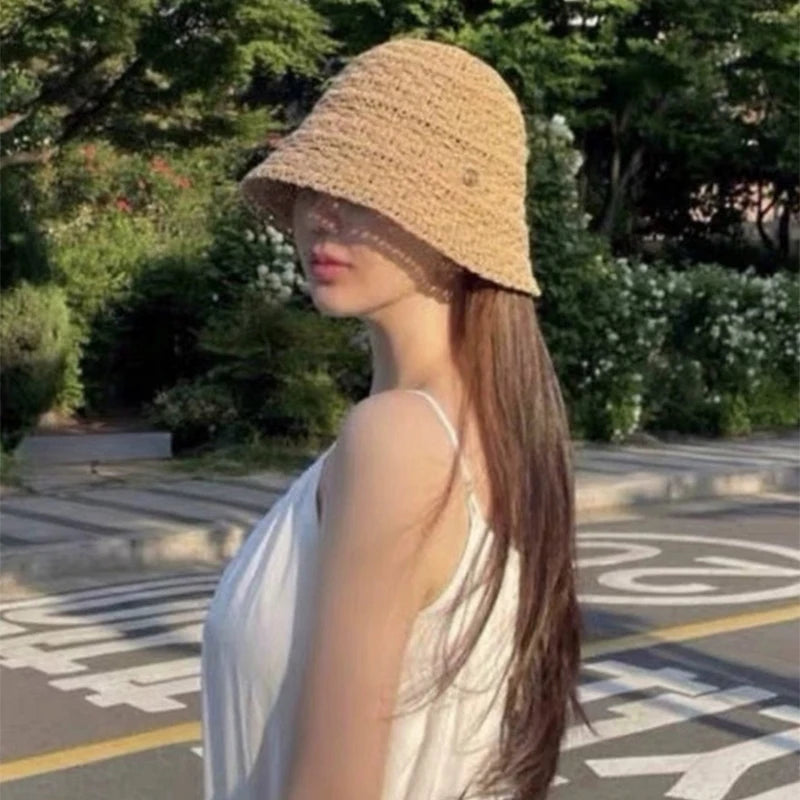 New Women Korean Braid Vent Letter Bucket Hats Hollow Out Sunshade Versatile Casual Breathable Fisherman Caps Fashion Outdoor