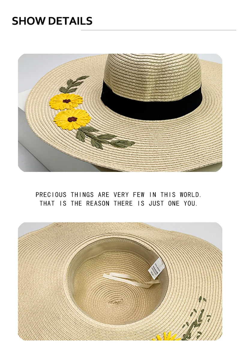 New Women Chrysanthemum Bow Cowboy Hats Beach Outdoor Jazz Sunshade Foldable Travel Straw Caps Versatile Color Block Elegant ins