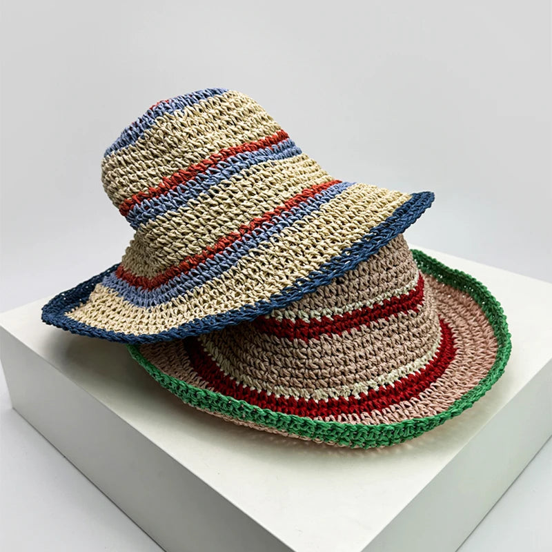 New Women Color Block Striped Bucket Hats Beach Sunshade Outdoor Breathable Casual Versatile Straw Caps Fashion Sweet Travel ins