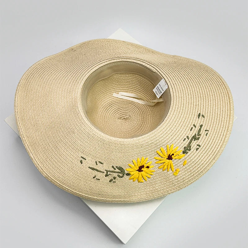 New Women Chrysanthemum Bow Cowboy Hats Beach Outdoor Jazz Sunshade Foldable Travel Straw Caps Versatile Color Block Elegant ins