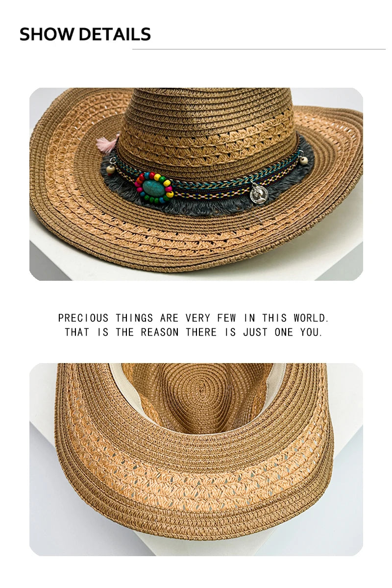 New Unisex Bohemian Style Beach Cowboy Hats Travel Personal Sunshade Distress Outdoor Ethnic Style Straw Caps Versatile Foldable