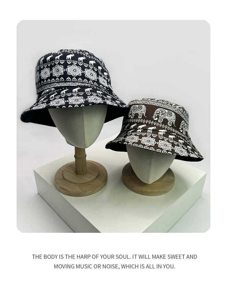 New Unisex Print Elephant Flower Bucket Hats Casual Sunshade Versatile Ethnic Style Double Sided Wearable Fisherman Caps Fashion