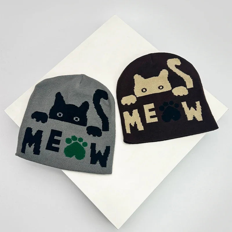 Autumn and Winter New Cartoon Cat Wool Knitted Hats Warm Color Block Hip Hop Versatile Beanies Personal Casual Fashion European