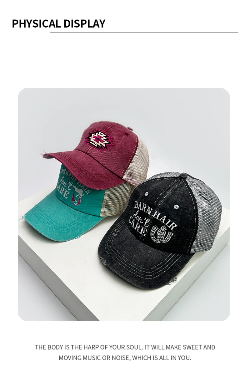 New Women Pattern Letter Embroidery Baseball Hats Breathable Criss Cross Ponytail Sunshade Versatile Mesh Trucker caps Broken