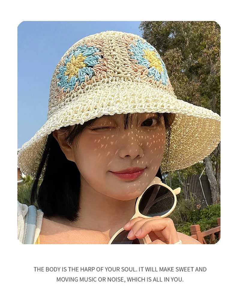 New Women Korean Flower Niche Bucket Hats Sunshade Outdoor Breathable Casual Versatile Beach Straw Caps Fashion Bohemian ins