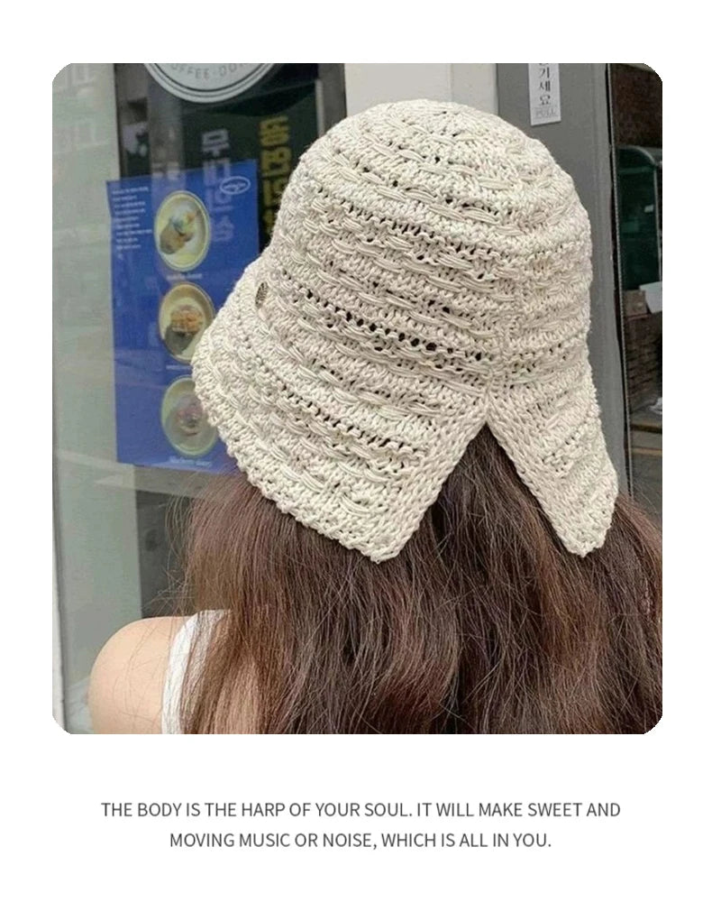 New Women Korean Braid Vent Letter Bucket Hats Hollow Out Sunshade Versatile Casual Breathable Fisherman Caps Fashion Outdoor