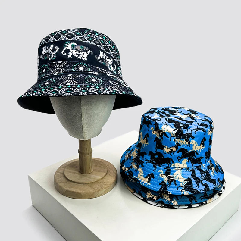 New Unisex Print Elephant Horse Bucket Hats Graffiti Sunshade Double Sided Wearable Fashion Casual Fisherman Cap Versatile Retro