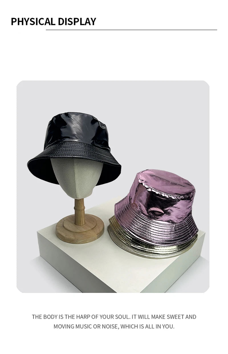 New Unisex Patent Leather Simple Bucket Hats Sunshade Outdoor Breathable Double Sided Fisherman Caps Personal Versatile Fashion