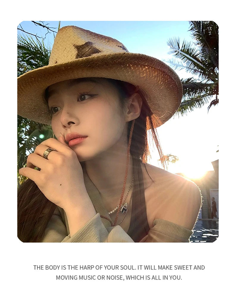 New Women Star Millennium Spicy Cowboy Hats Gradient Outdoor Breathable Sunshade Travel Straw Caps Versatile American Vintage