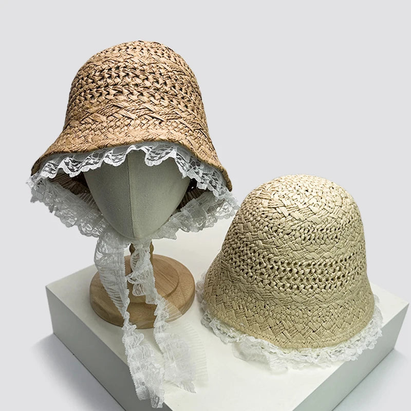 New Women French Lace Hollow Out Bucket Hats Sunshade Beach Breathable Outdoor Versatile Travel Fisherman Caps Fashion Elegant