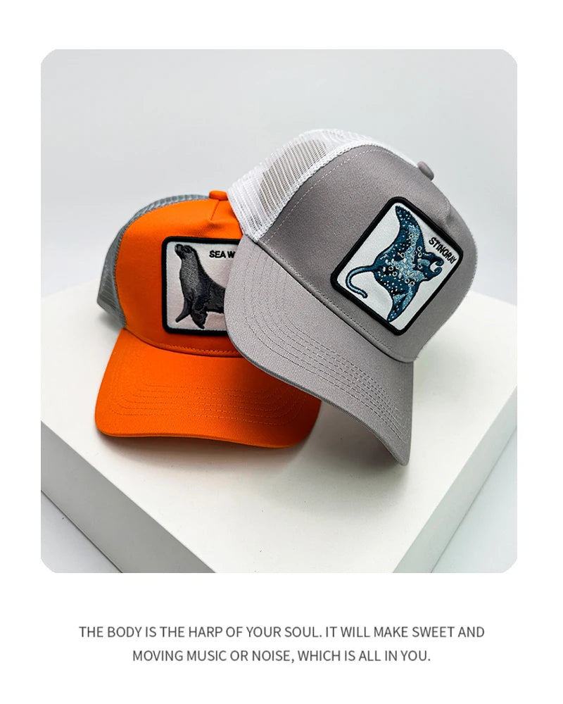 New Men Women Color Block Embroidery Cartoon Marine Animals Baseball Hats Personal Breathable Trucker Cap Mesh Hip Hop Versatile