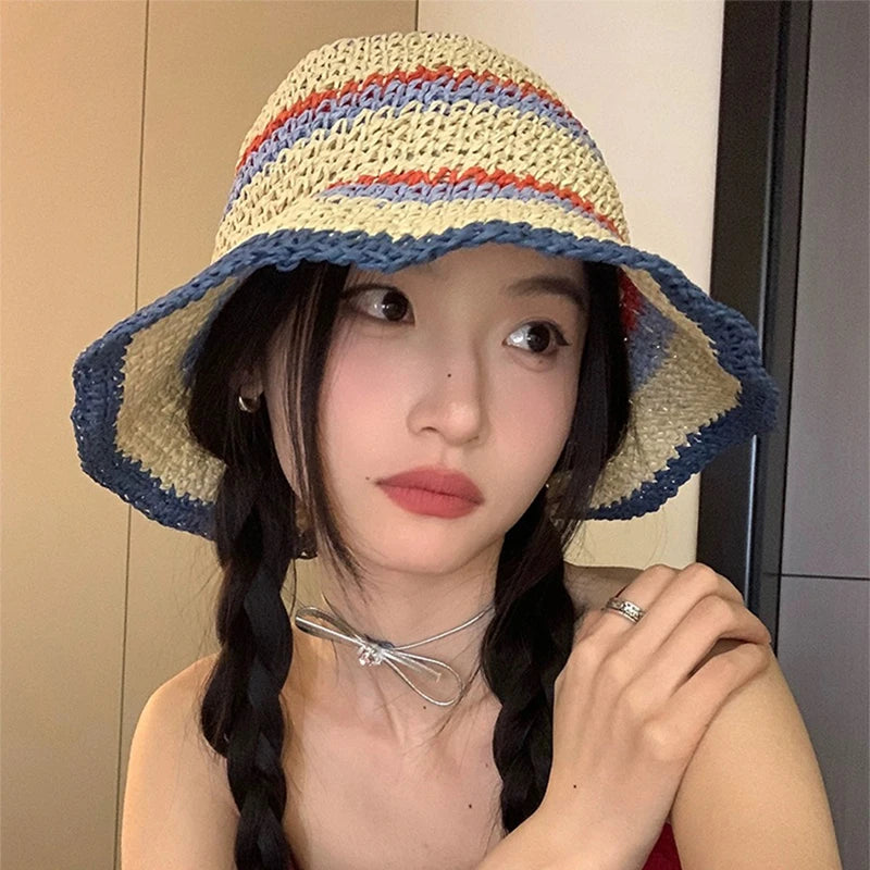 New Women Color Block Striped Bucket Hats Beach Sunshade Outdoor Breathable Casual Versatile Straw Caps Fashion Sweet Travel ins