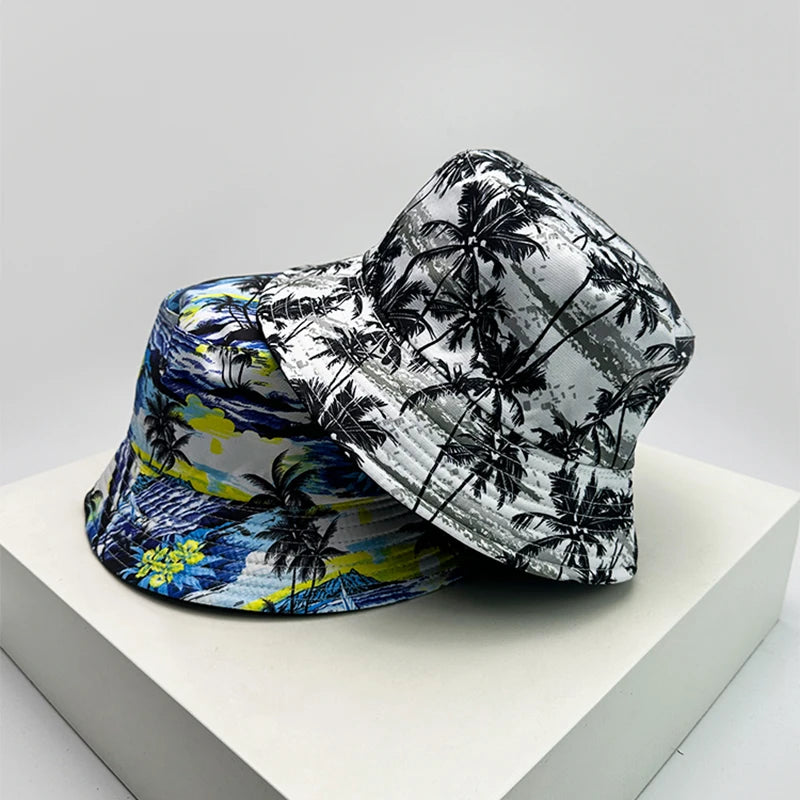 New Unisex Print Coconut Tree Bucket Hats Retro Sunshade Double Sided Wearable Fashion Fisherman Caps Versatile Casual Travel