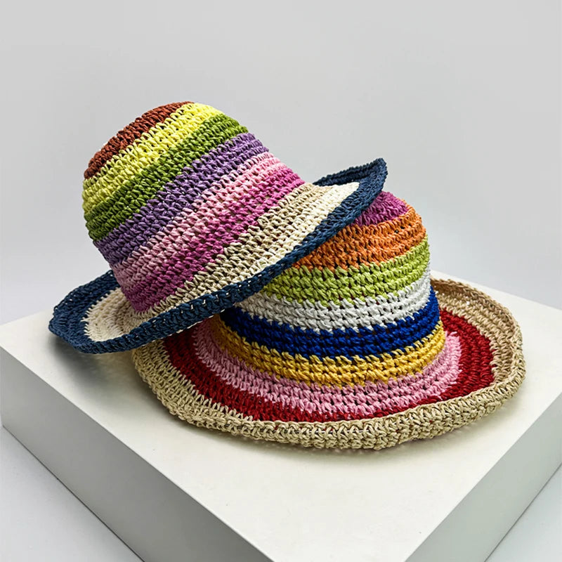 New Women Contrasting Colors Striped Bucket Hats Outdoor Sunshade Travel Breathable Casual Versatile Straw Caps Fashion Braided