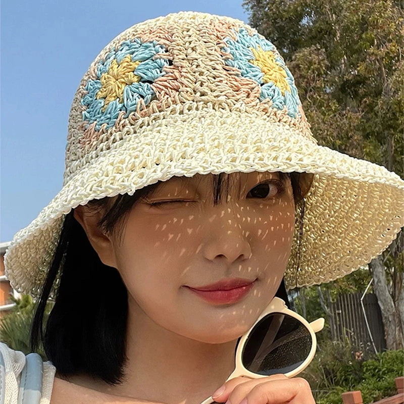 New Women Korean Flower Niche Bucket Hats Sunshade Outdoor Breathable Casual Versatile Beach Straw Caps Fashion Bohemian ins