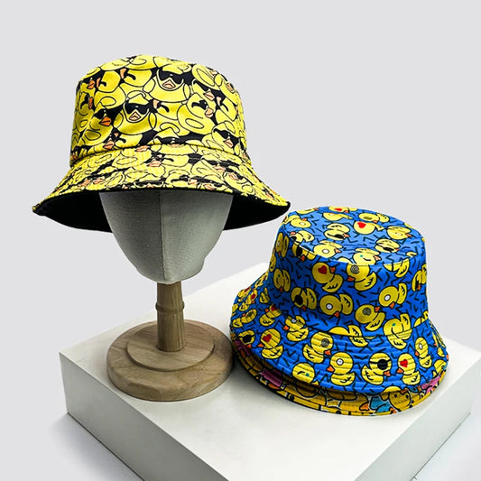 New Unisex Print Yellow Duck Bucket Hats Sunshade Double Sided Wearable Fashion Cute Casual Fisherman Caps Versatile Cartoon ins