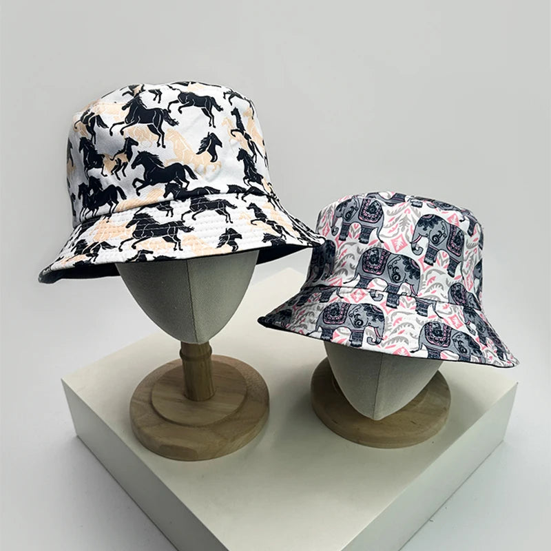 New Unisex Print Elephant Horse Bucket Hats Graffiti Sunshade Double Sided Wearable Fashion Casual Fisherman Cap Versatile Retro