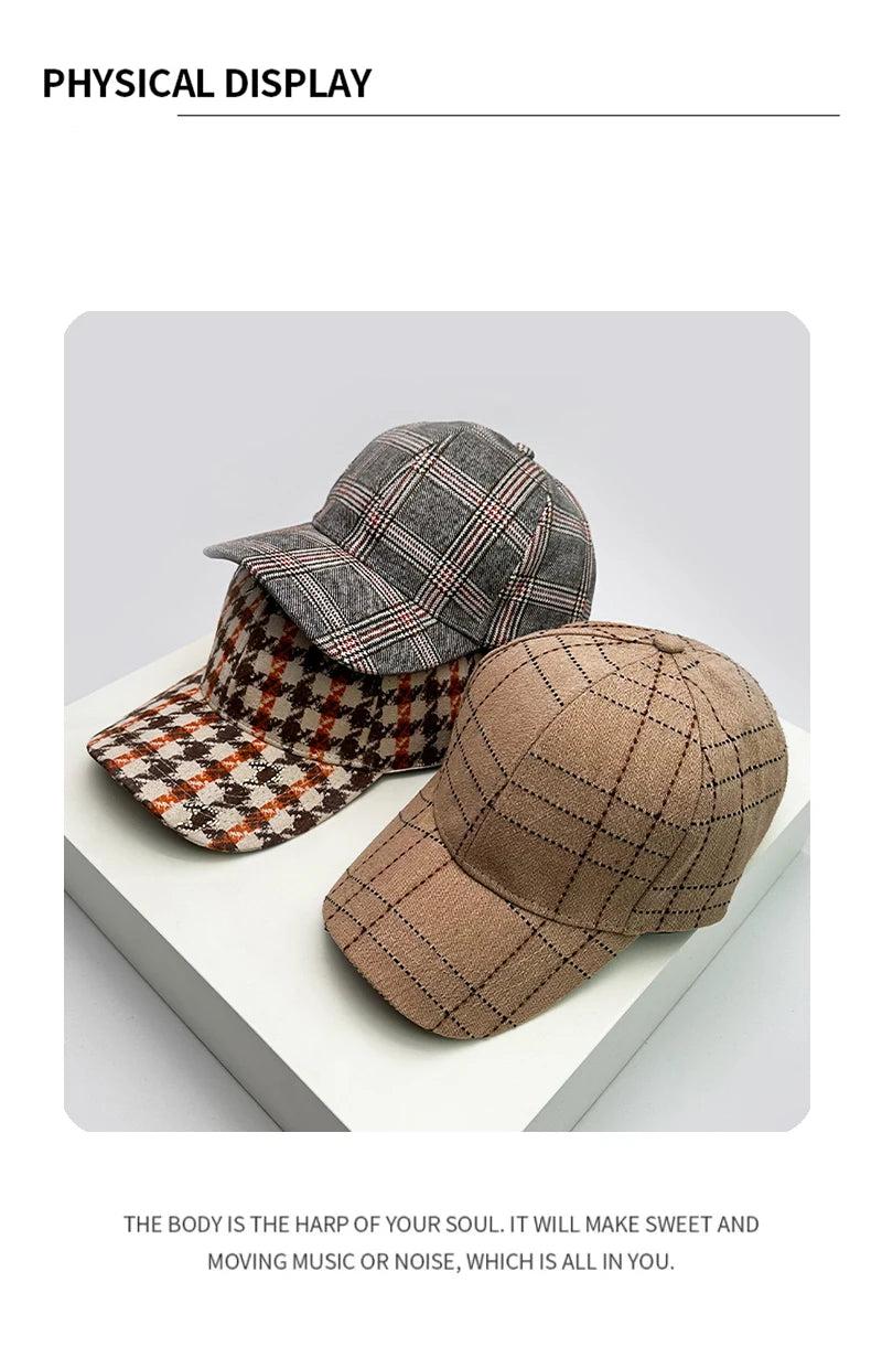 Autumn and Winter Men Women New Versatile Stripe British Style Baseball Caps Check Fashion Cotton Warm Soft Houndstooth Retro