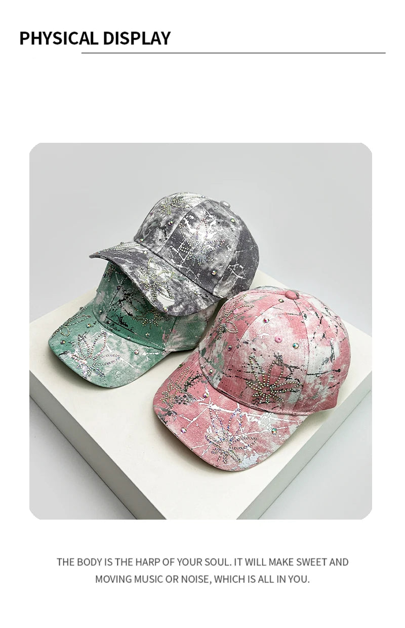 New Women Bandhnu Sparkling Diamond Flower Baseball Hats Breathable Outdoor Sunshade Peaked Caps Versatile Casual Fashion Sports