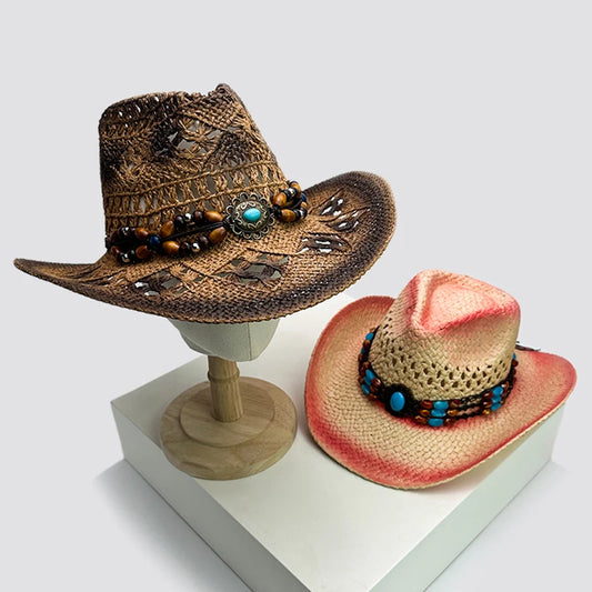 New Unisex Exotic Style Retro Bandhnu Travel Cowboy Hats Outdoor Beading Beach Sunshade Niche Straw Caps Versatile Hollow Out