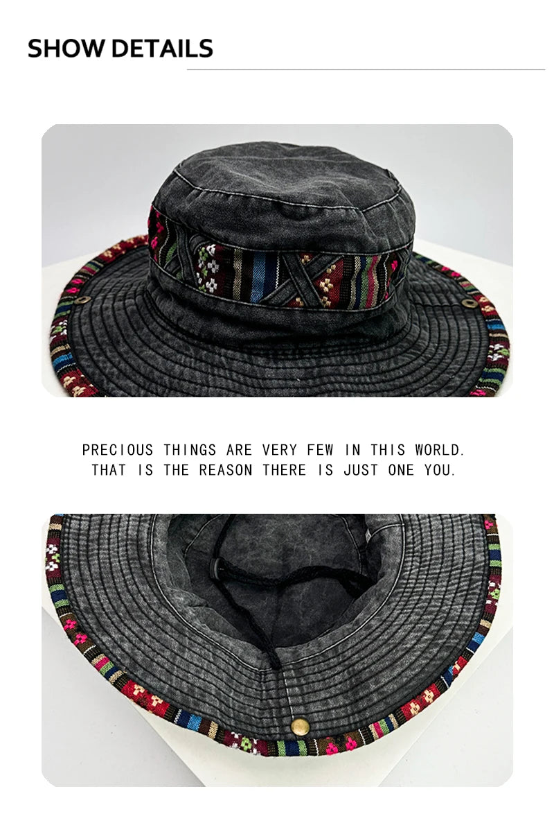 New Unisex Retro Travel Drawstring Bucket Hats Sunshade Outdoor Breathable Ethnic Style Versatile Alpine Caps Casual Fashion ins