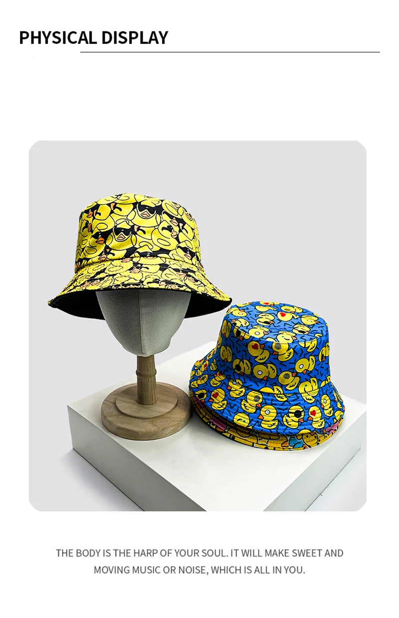 New Unisex Print Yellow Duck Bucket Hats Sunshade Double Sided Wearable Fashion Cute Casual Fisherman Caps Versatile Cartoon ins