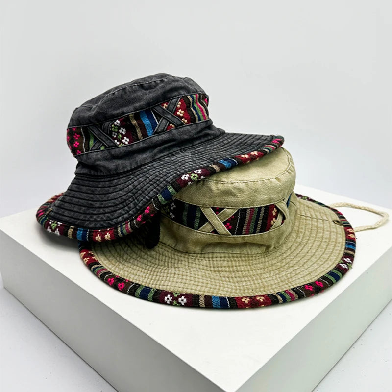 New Unisex Retro Travel Drawstring Bucket Hats Sunshade Outdoor Breathable Ethnic Style Versatile Alpine Caps Casual Fashion ins