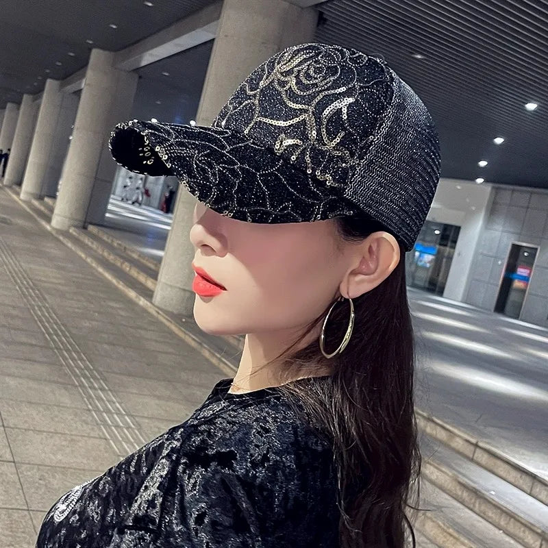 New Women Sequin Rose Baseball Hats Outdoor Breathable Casual Sunshade Personal Peaked Caps Versatile Fashion Westernized Retro