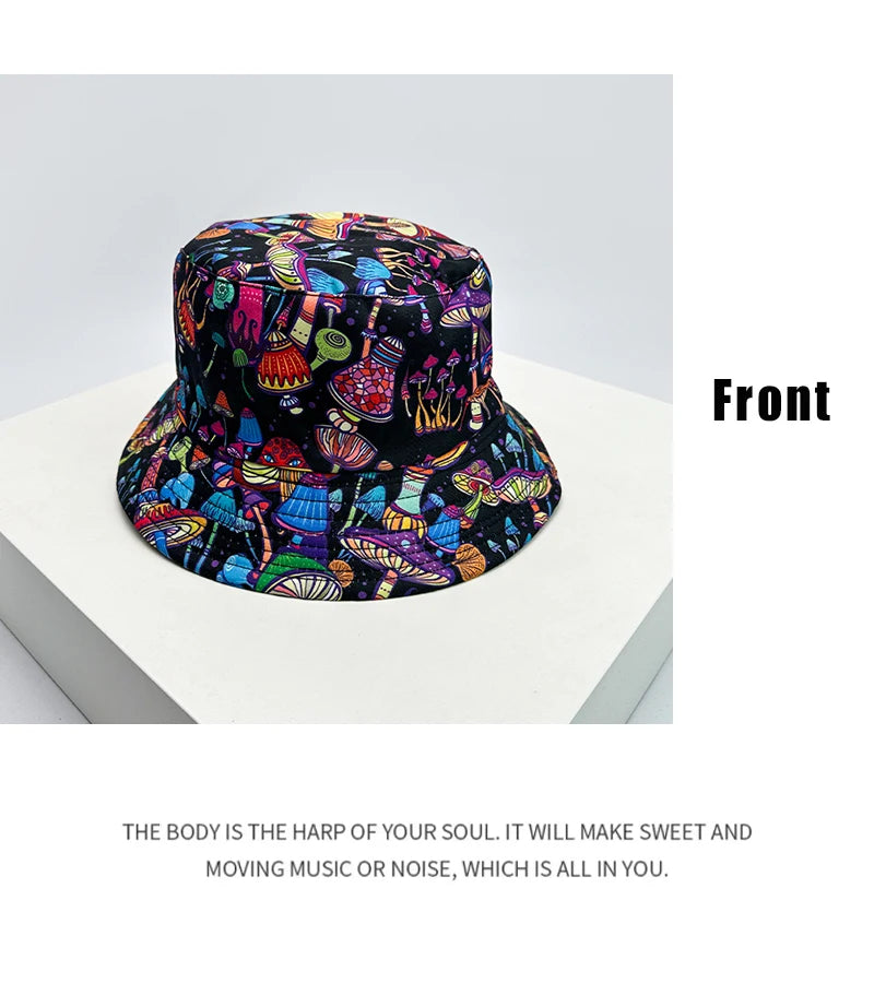 New Unisex Graffiti Colored Mushrooms Bucket Hats Double Sided Wearable Sunshade Personal Versatile Fisherman Caps Fashion Retro